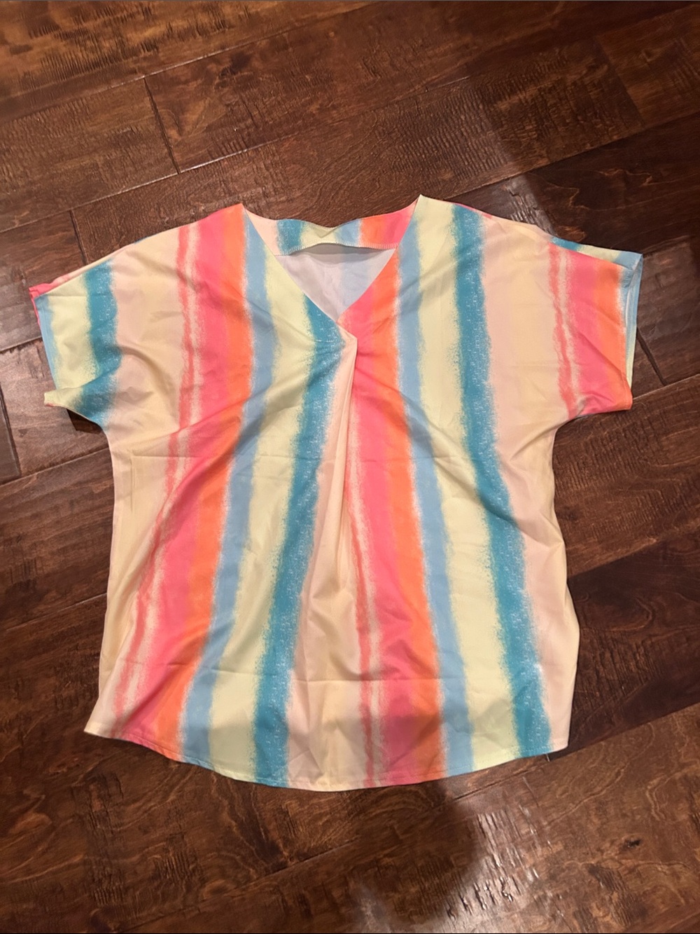 Girls' V-Neck Short Sleeve Top in Coral, Blue & Cream Stripes
